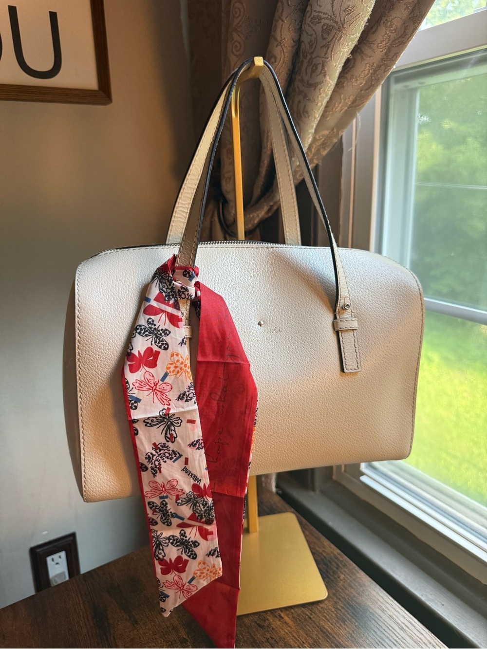 Kate Spade cream satchel with red and multicolor scarf tie. Very Good Condition - Picture 2 of 12